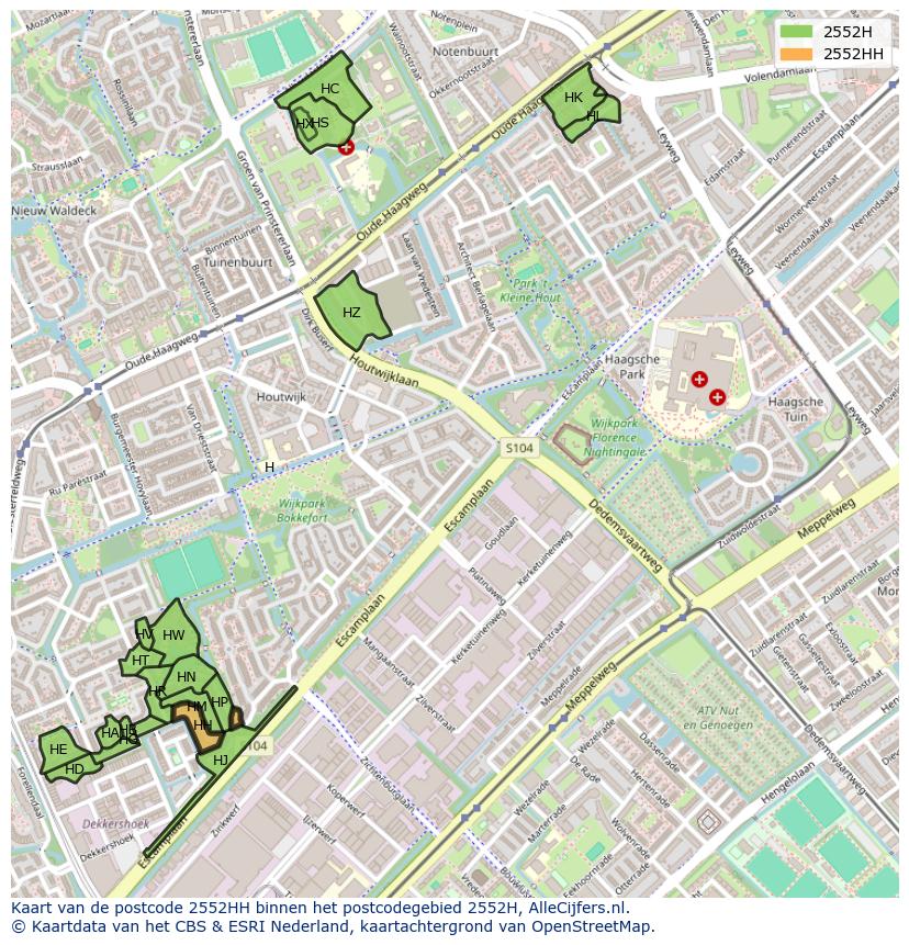 Afbeelding van het postcodegebied 2552 HH op de kaart.