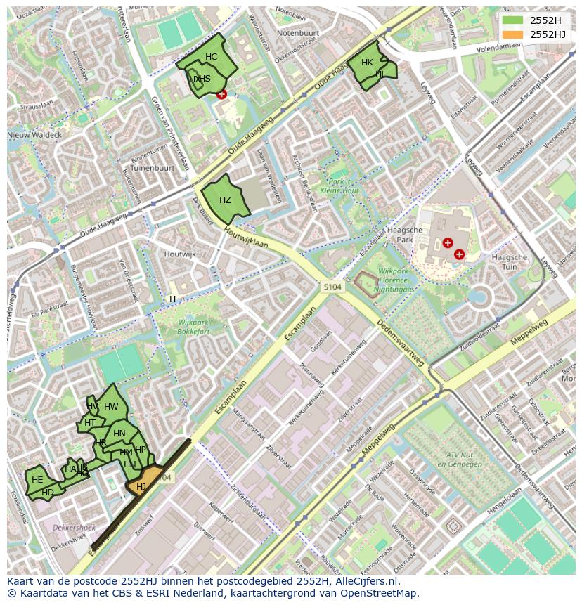 Afbeelding van het postcodegebied 2552 HJ op de kaart.