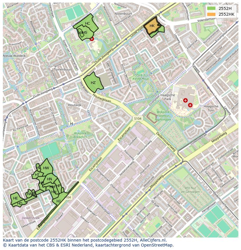 Afbeelding van het postcodegebied 2552 HK op de kaart.