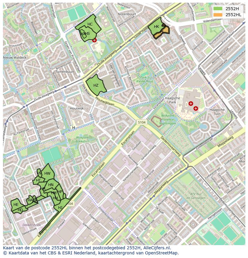 Afbeelding van het postcodegebied 2552 HL op de kaart.