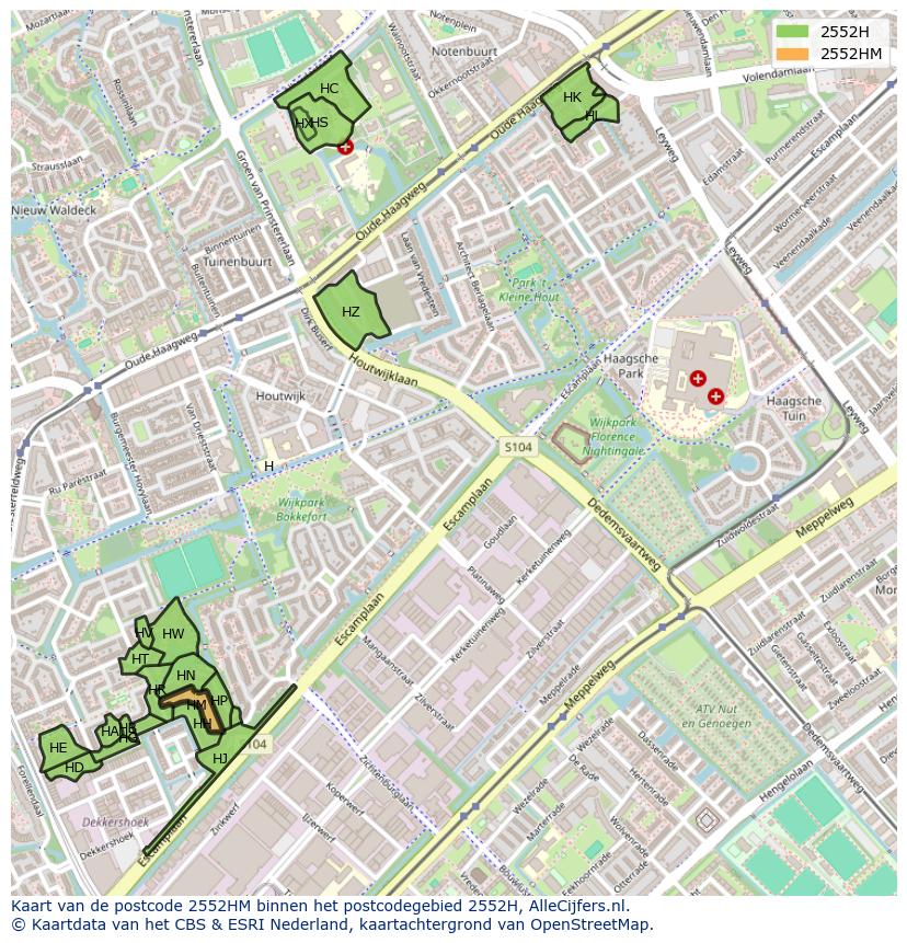 Afbeelding van het postcodegebied 2552 HM op de kaart.