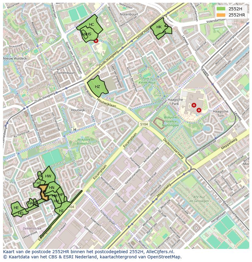 Afbeelding van het postcodegebied 2552 HR op de kaart.