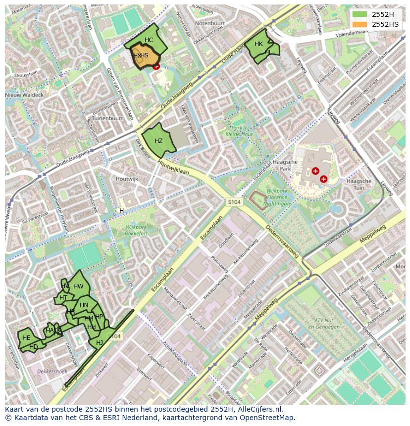 Afbeelding van het postcodegebied 2552 HS op de kaart.