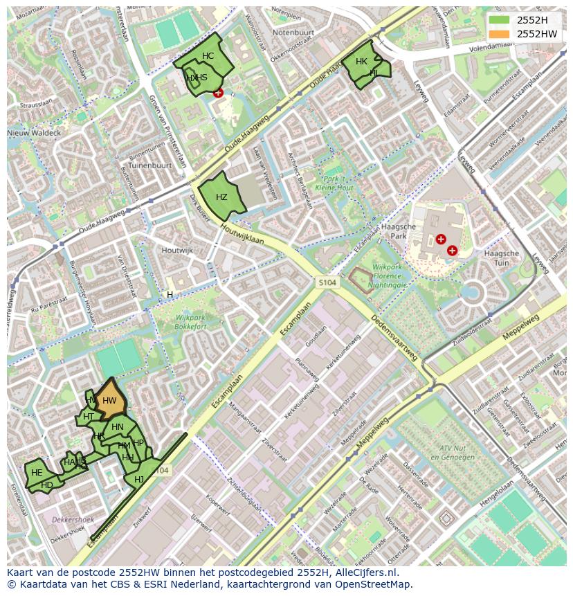 Afbeelding van het postcodegebied 2552 HW op de kaart.