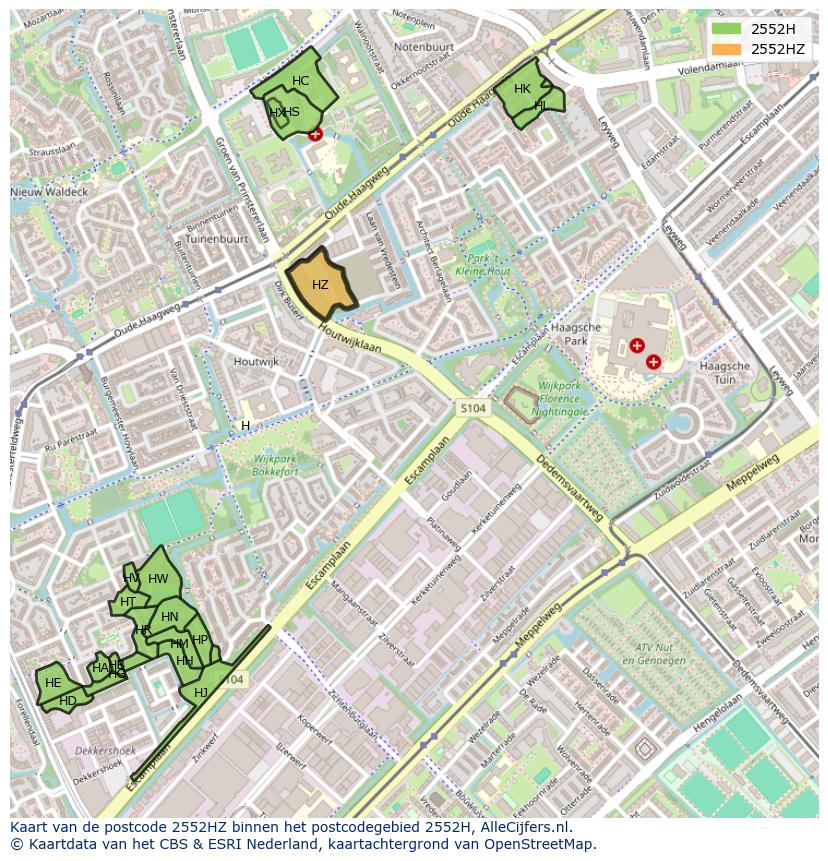 Afbeelding van het postcodegebied 2552 HZ op de kaart.