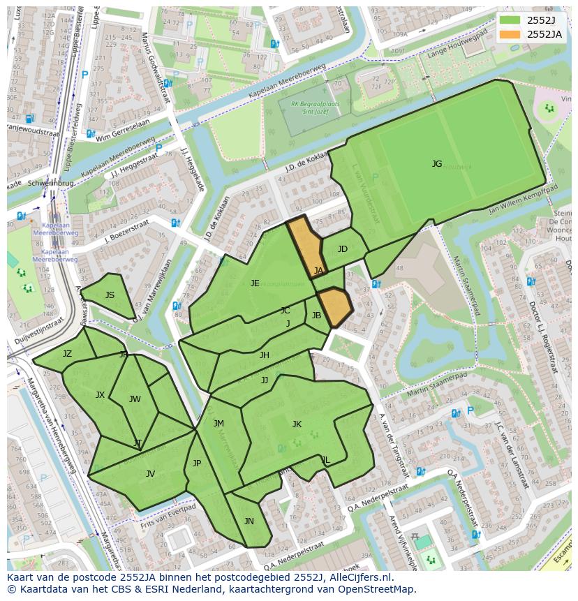 Afbeelding van het postcodegebied 2552 JA op de kaart.