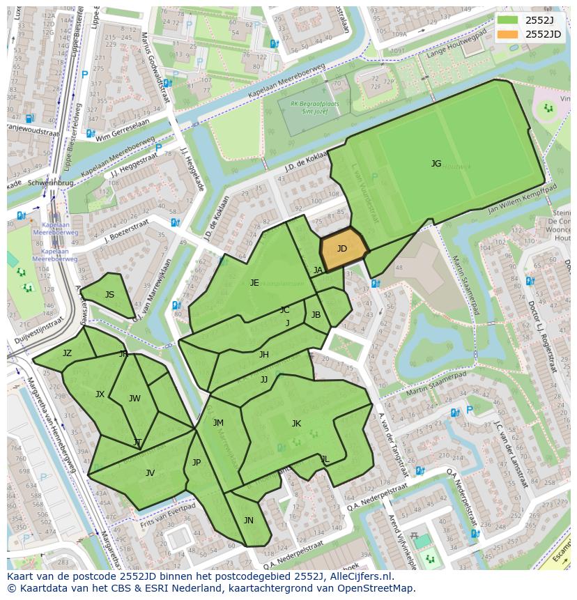 Afbeelding van het postcodegebied 2552 JD op de kaart.
