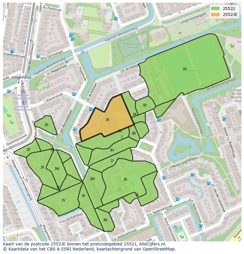 Afbeelding van het postcodegebied 2552 JE op de kaart.