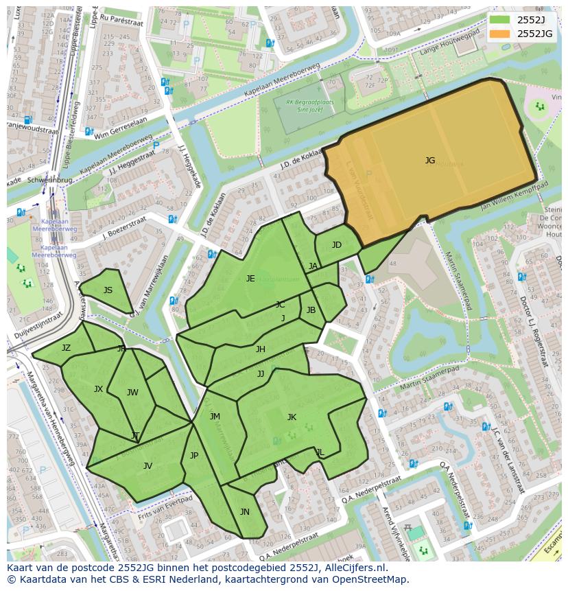 Afbeelding van het postcodegebied 2552 JG op de kaart.