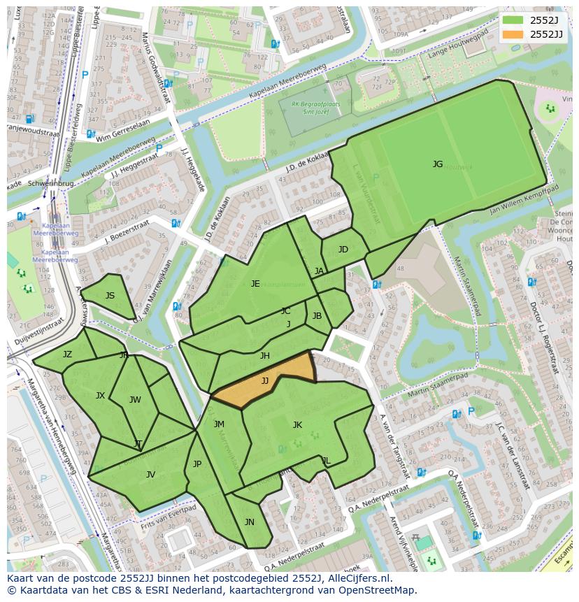 Afbeelding van het postcodegebied 2552 JJ op de kaart.