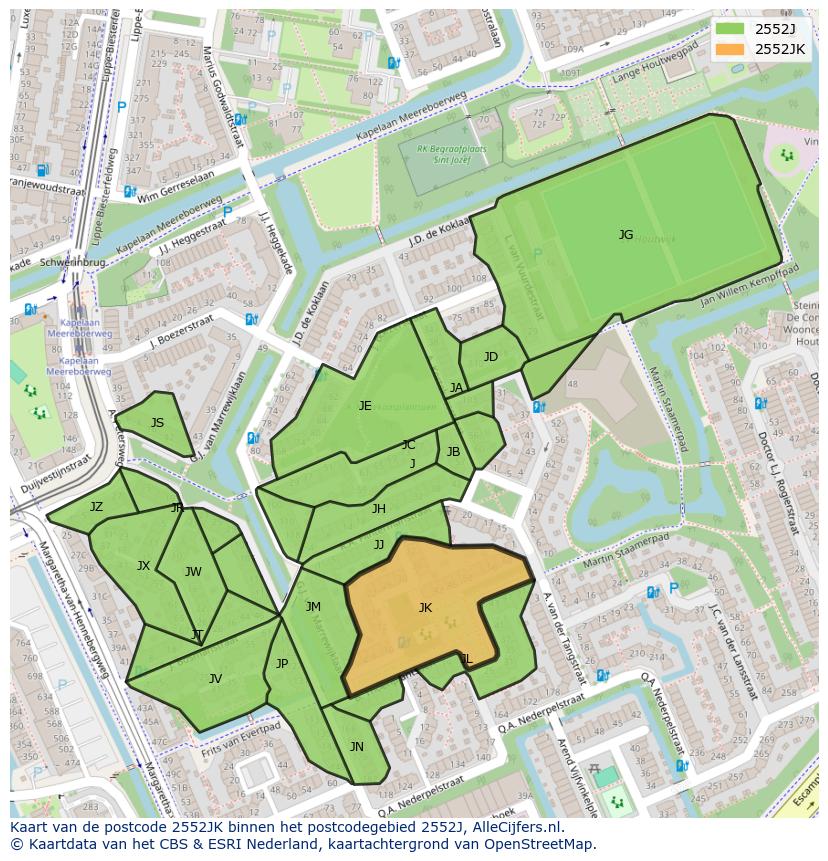 Afbeelding van het postcodegebied 2552 JK op de kaart.