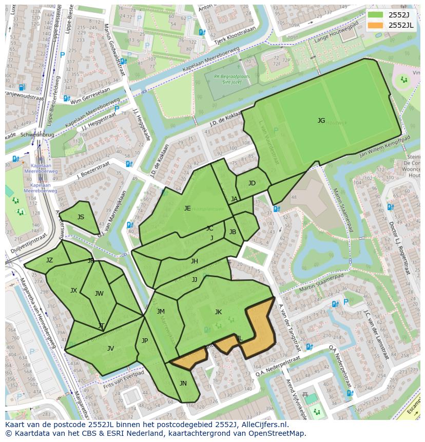 Afbeelding van het postcodegebied 2552 JL op de kaart.