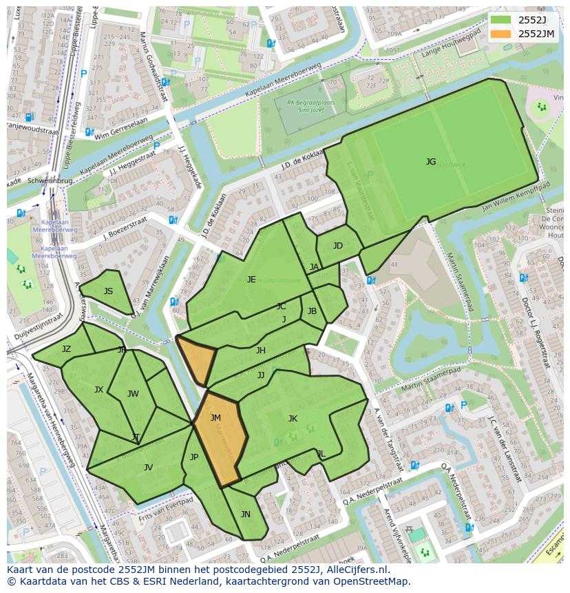 Afbeelding van het postcodegebied 2552 JM op de kaart.