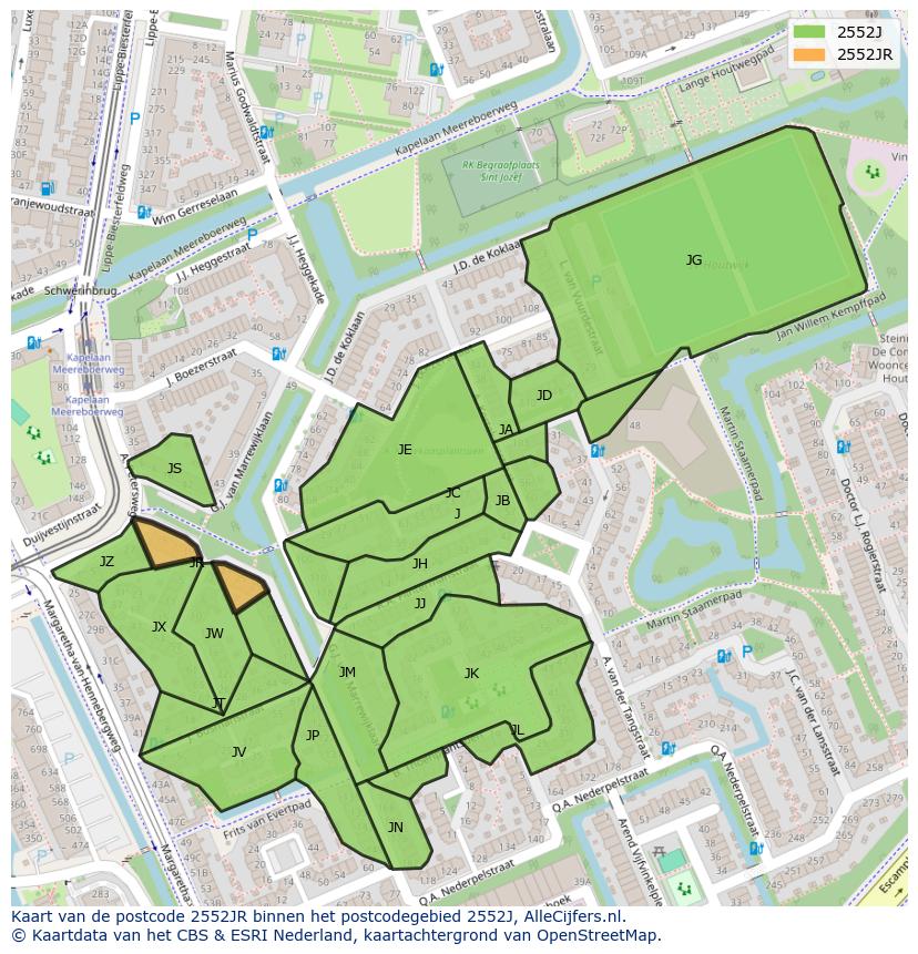 Afbeelding van het postcodegebied 2552 JR op de kaart.