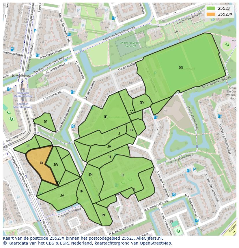 Afbeelding van het postcodegebied 2552 JX op de kaart.