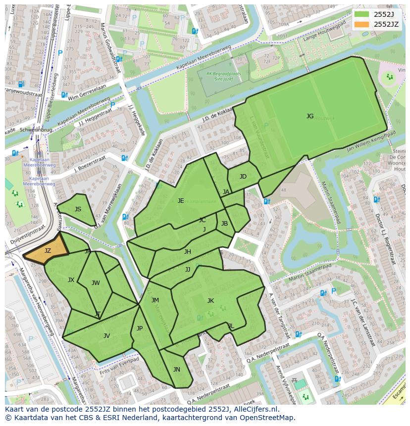 Afbeelding van het postcodegebied 2552 JZ op de kaart.