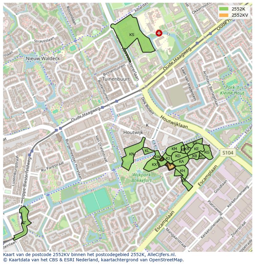 Afbeelding van het postcodegebied 2552 KV op de kaart.
