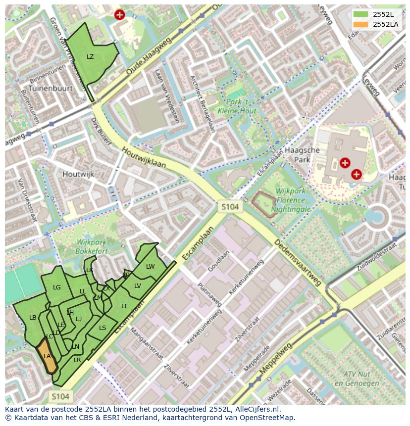Afbeelding van het postcodegebied 2552 LA op de kaart.