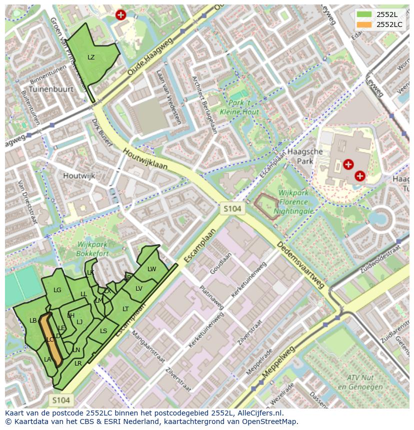 Afbeelding van het postcodegebied 2552 LC op de kaart.
