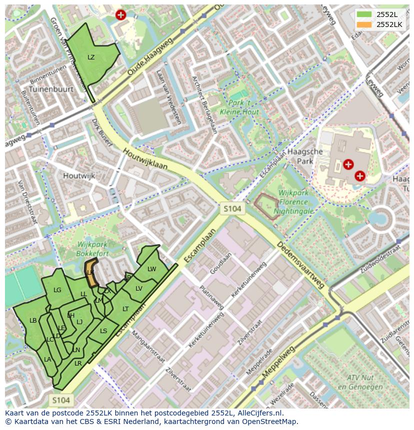 Afbeelding van het postcodegebied 2552 LK op de kaart.