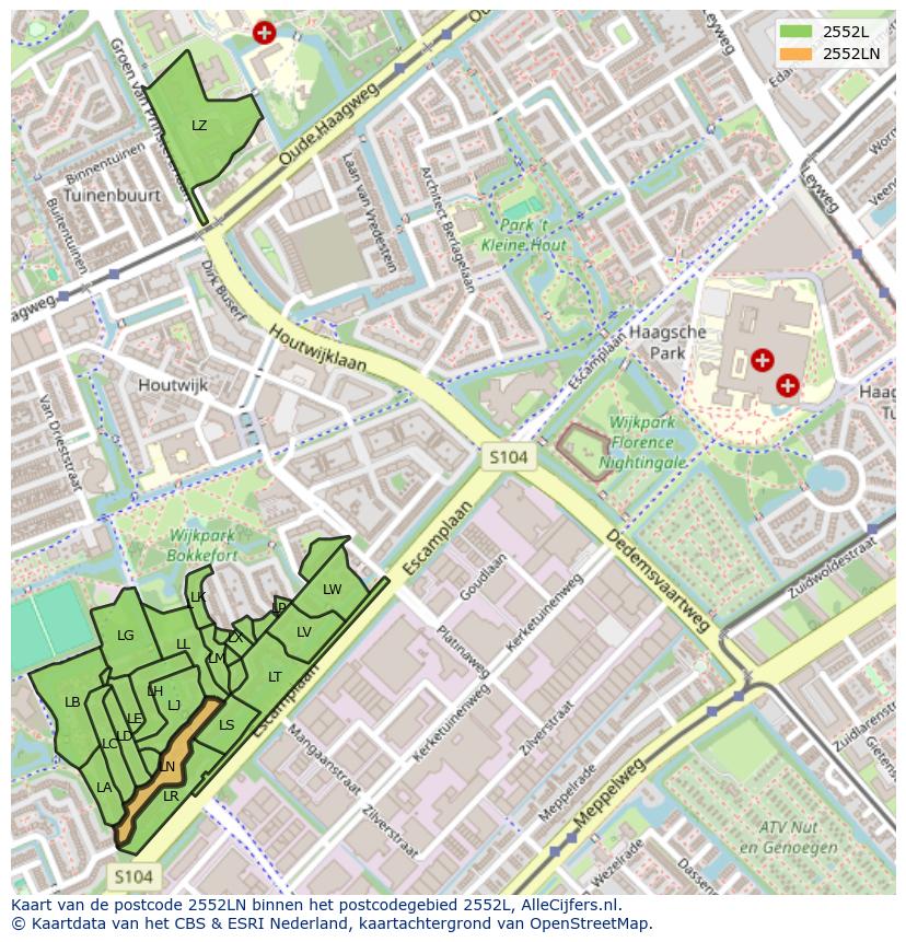 Afbeelding van het postcodegebied 2552 LN op de kaart.