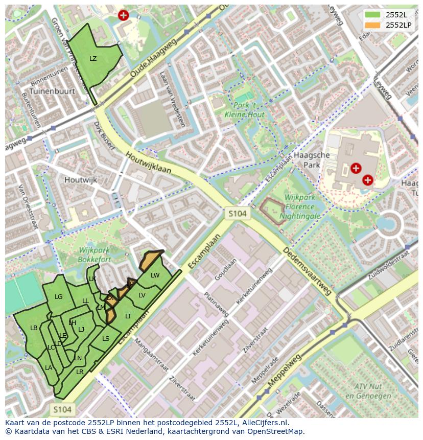 Afbeelding van het postcodegebied 2552 LP op de kaart.