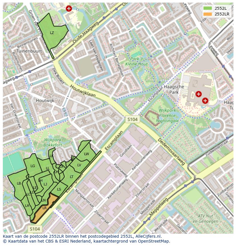 Afbeelding van het postcodegebied 2552 LR op de kaart.