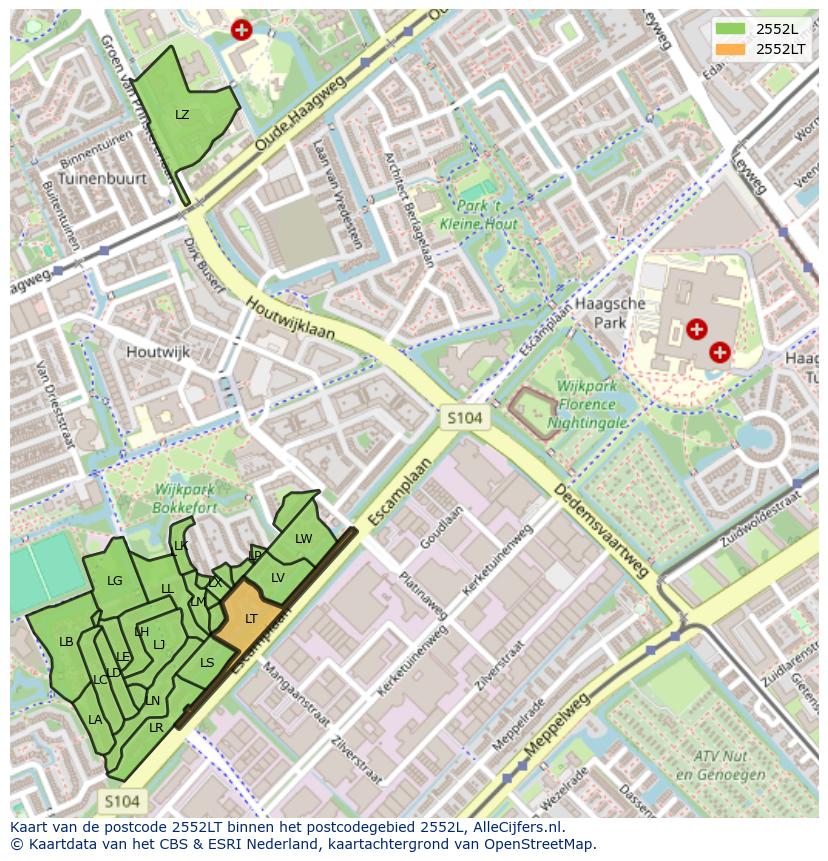 Afbeelding van het postcodegebied 2552 LT op de kaart.