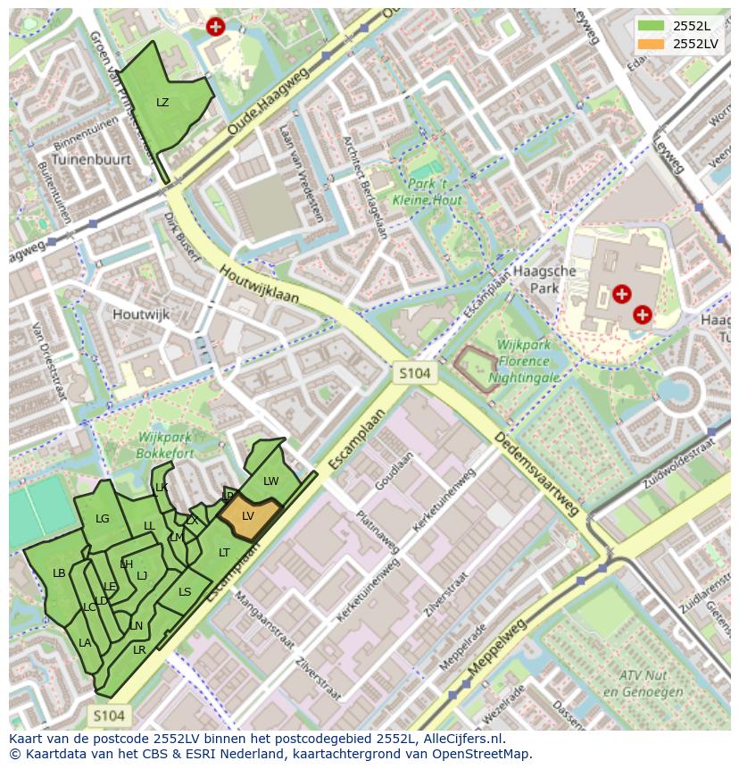 Afbeelding van het postcodegebied 2552 LV op de kaart.
