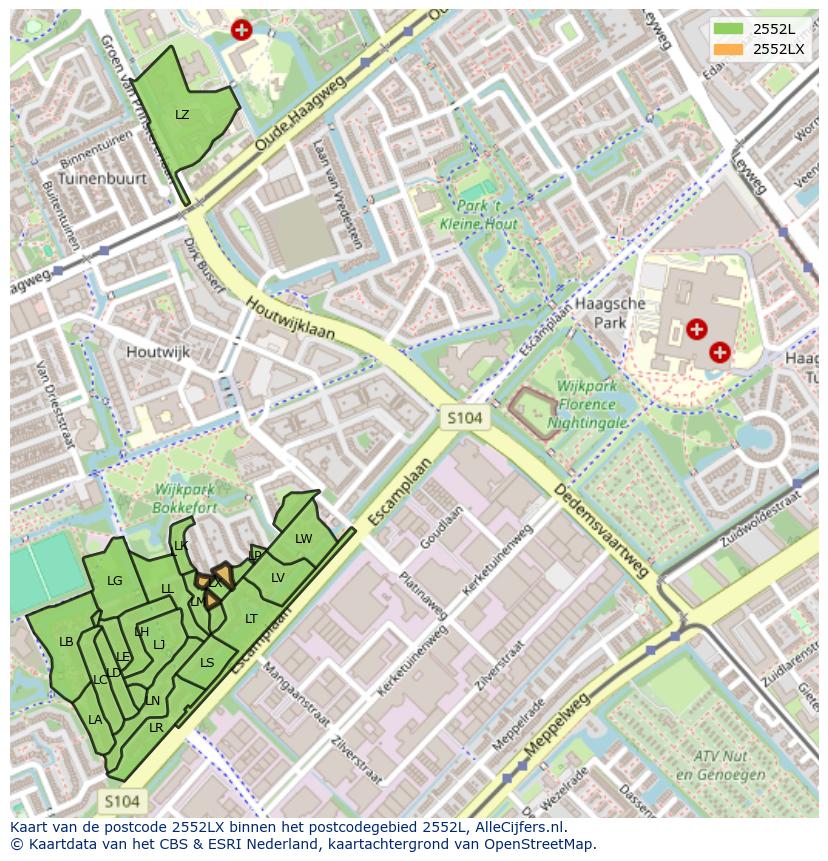 Afbeelding van het postcodegebied 2552 LX op de kaart.