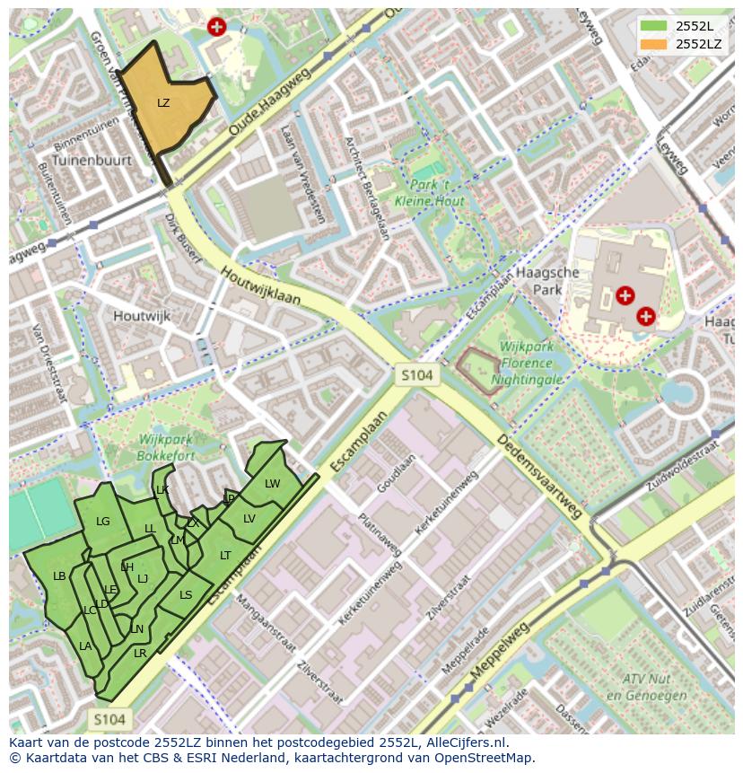Afbeelding van het postcodegebied 2552 LZ op de kaart.