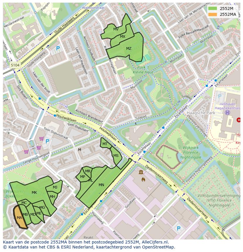 Afbeelding van het postcodegebied 2552 MA op de kaart.