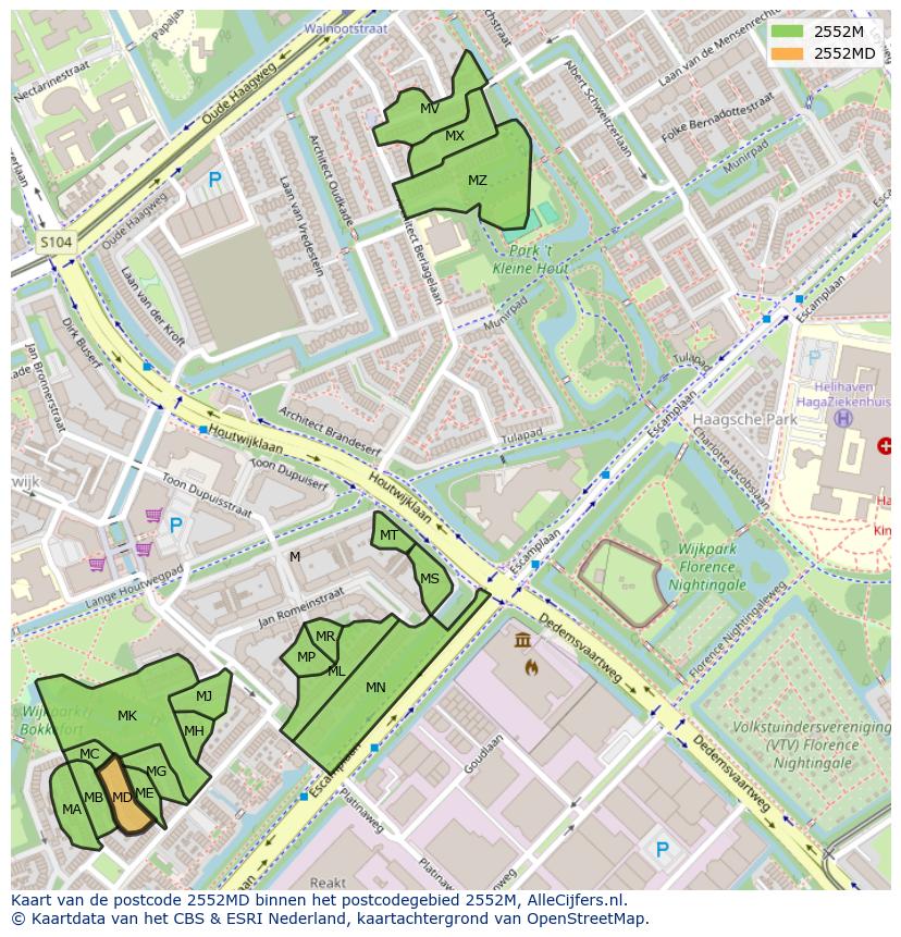 Afbeelding van het postcodegebied 2552 MD op de kaart.