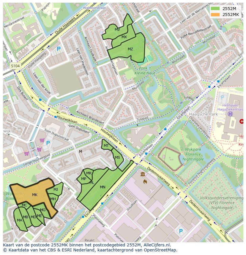 Afbeelding van het postcodegebied 2552 MK op de kaart.