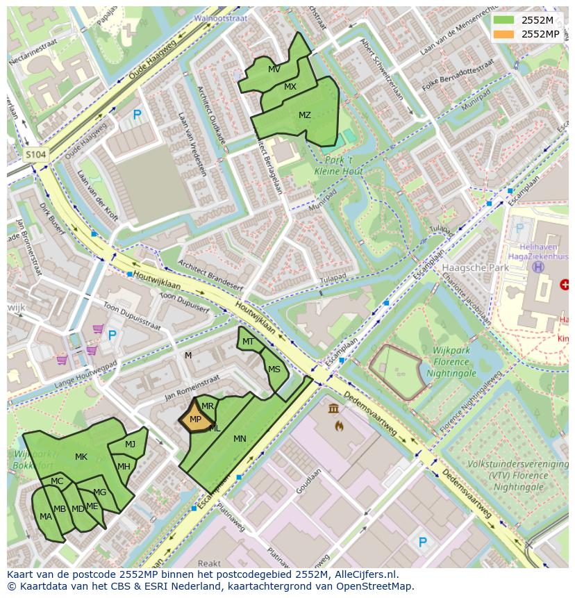 Afbeelding van het postcodegebied 2552 MP op de kaart.