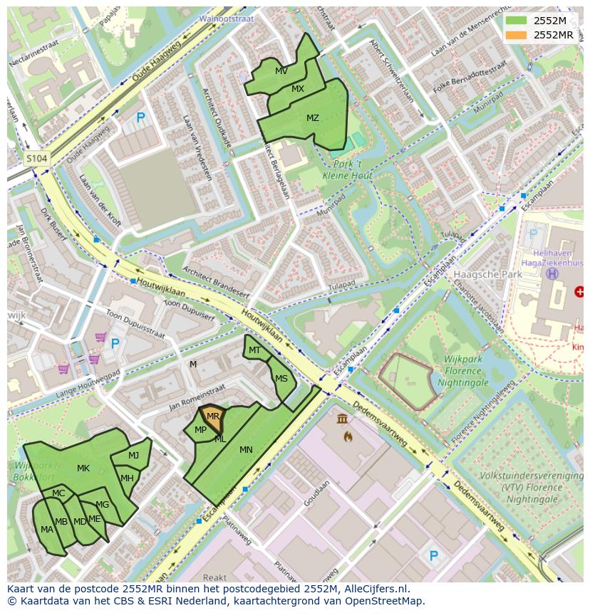 Afbeelding van het postcodegebied 2552 MR op de kaart.