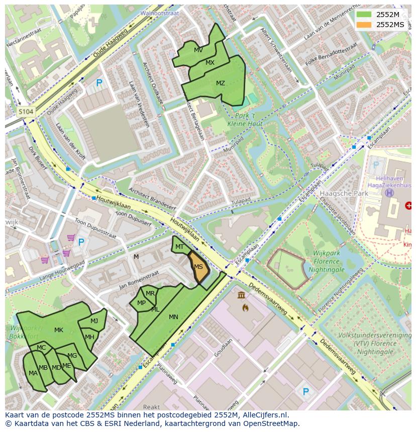 Afbeelding van het postcodegebied 2552 MS op de kaart.