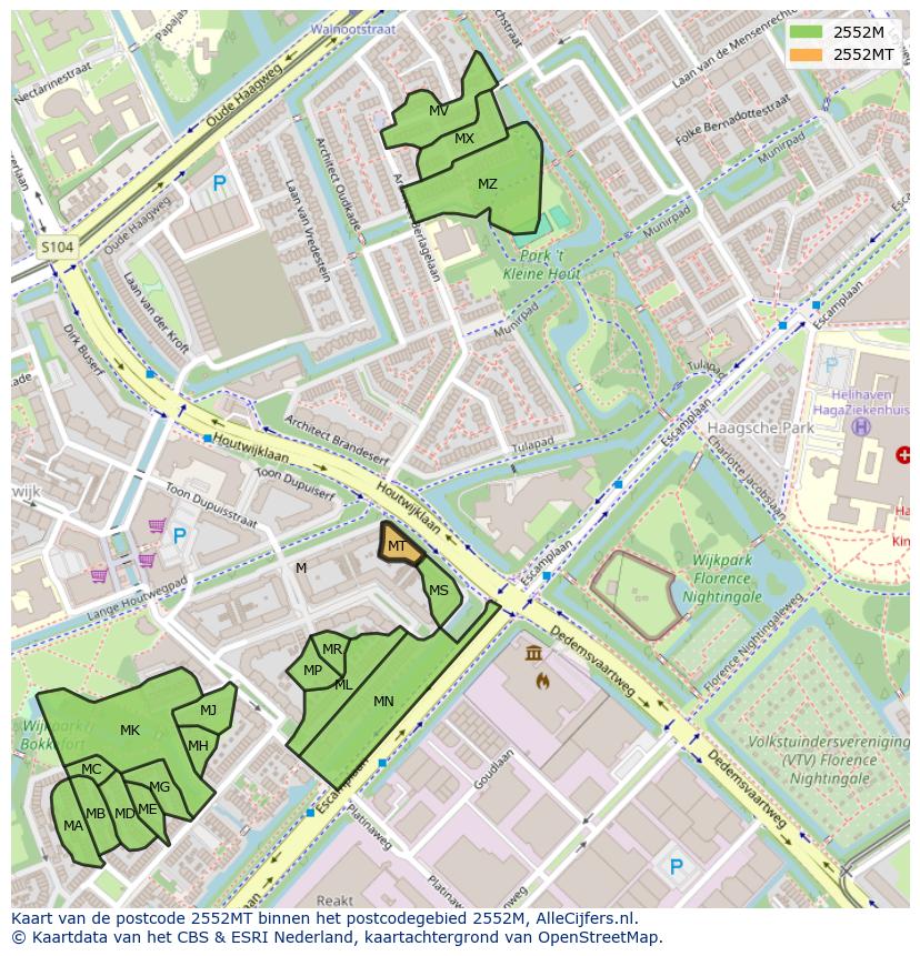 Afbeelding van het postcodegebied 2552 MT op de kaart.