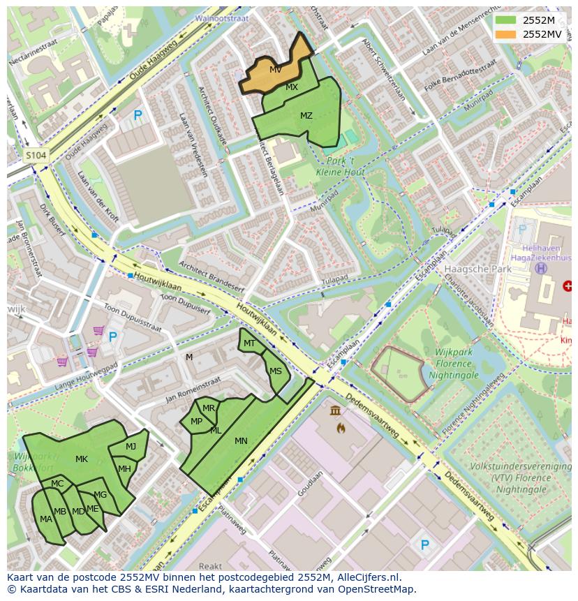 Afbeelding van het postcodegebied 2552 MV op de kaart.