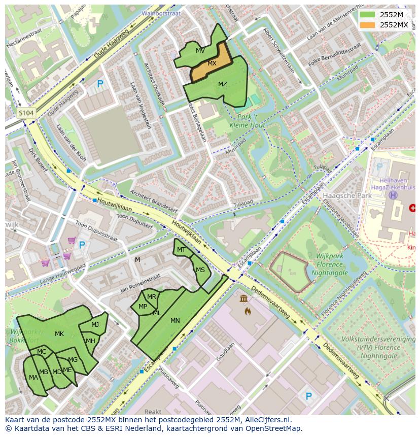 Afbeelding van het postcodegebied 2552 MX op de kaart.