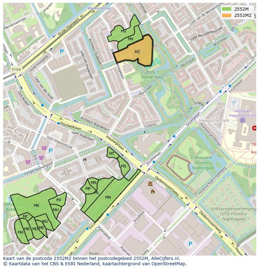 Afbeelding van het postcodegebied 2552 MZ op de kaart.