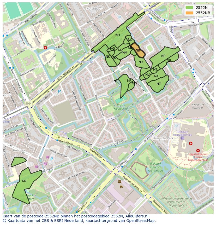 Afbeelding van het postcodegebied 2552 NB op de kaart.