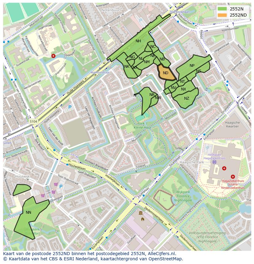 Afbeelding van het postcodegebied 2552 ND op de kaart.