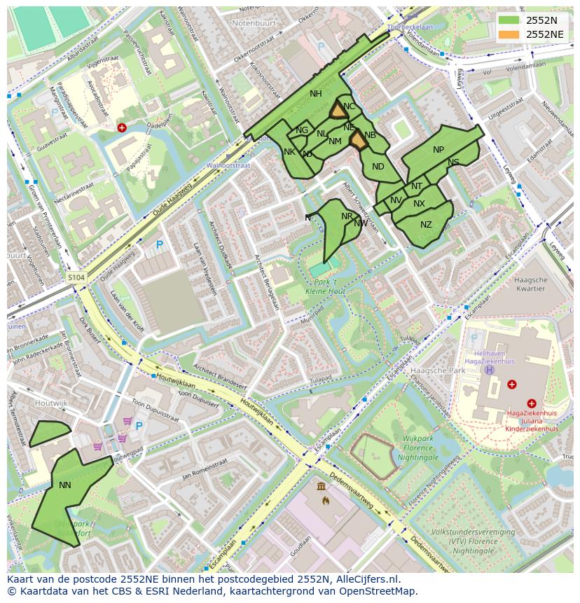 Afbeelding van het postcodegebied 2552 NE op de kaart.