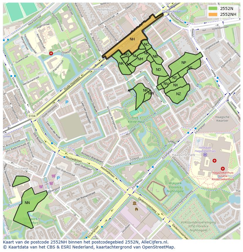 Afbeelding van het postcodegebied 2552 NH op de kaart.