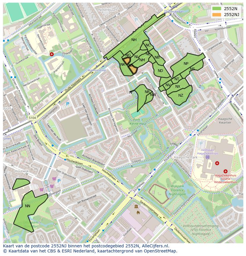 Afbeelding van het postcodegebied 2552 NJ op de kaart.