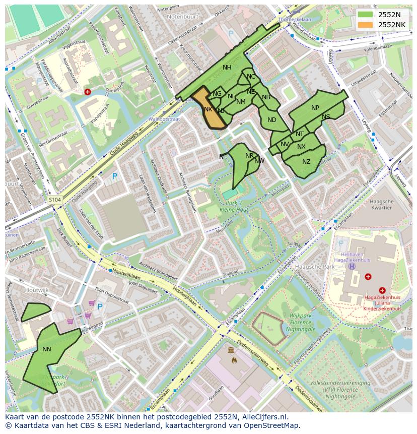 Afbeelding van het postcodegebied 2552 NK op de kaart.
