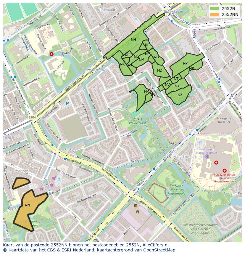 Afbeelding van het postcodegebied 2552 NN op de kaart.