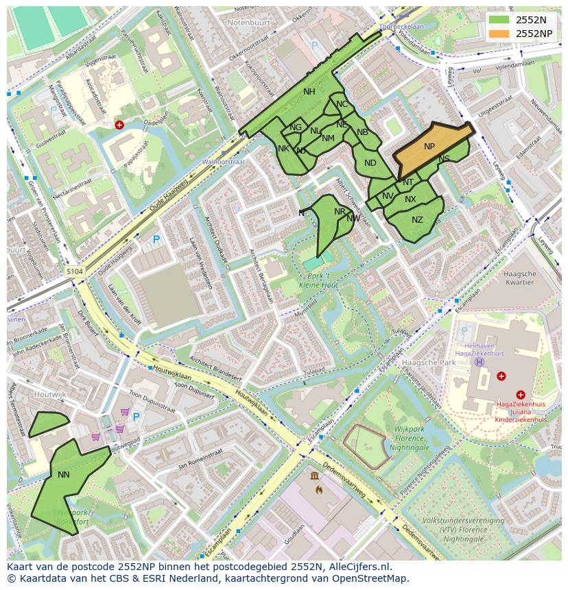 Afbeelding van het postcodegebied 2552 NP op de kaart.
