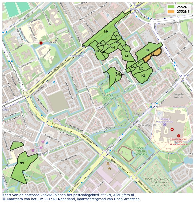 Afbeelding van het postcodegebied 2552 NS op de kaart.